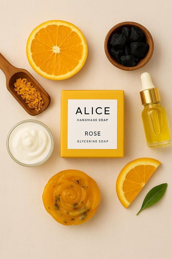 Alice Handmade Glycerine Rose Soap with Goat Milk, Orange and Charcoal